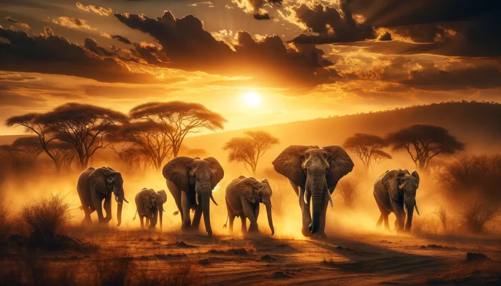 a majestic elephant family walking through the dusty plains of Africa at sunset