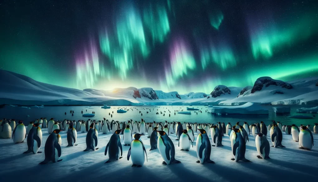 a penguin colony on a snowy antarctic landscape