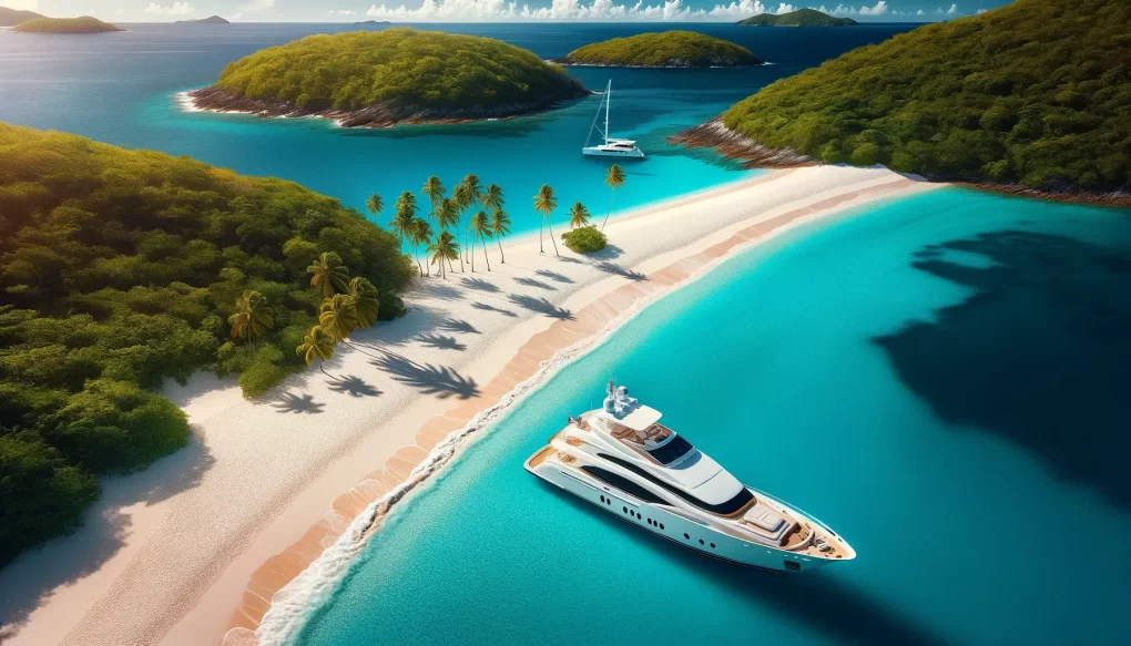 a secluded caribbean beach with a luxury yacht