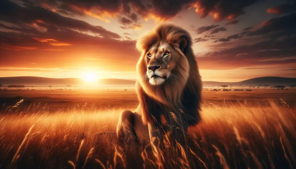 majestic lion in the african savannah sunrise